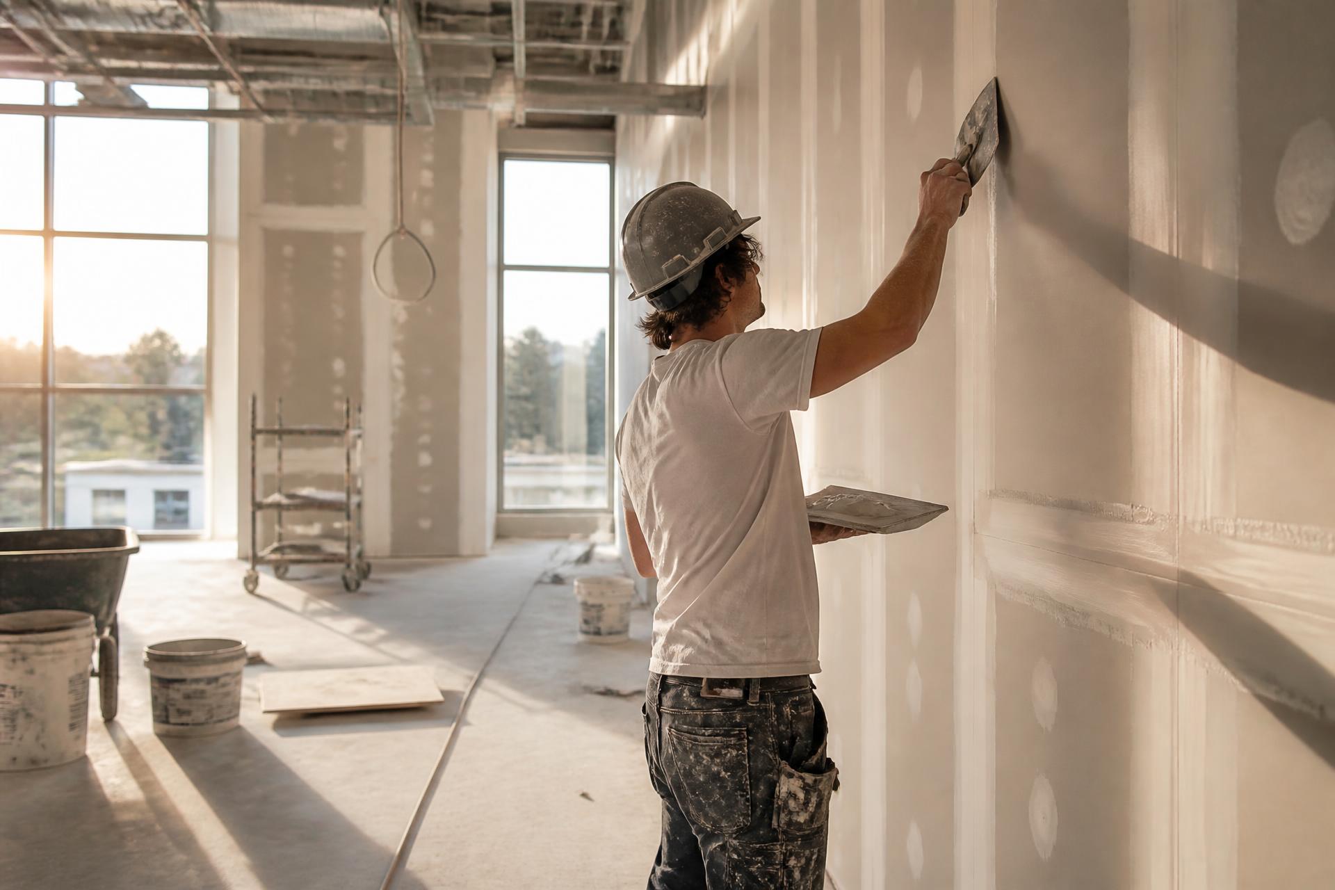 HYF Construction craftsman finishing drywall on a jobsite